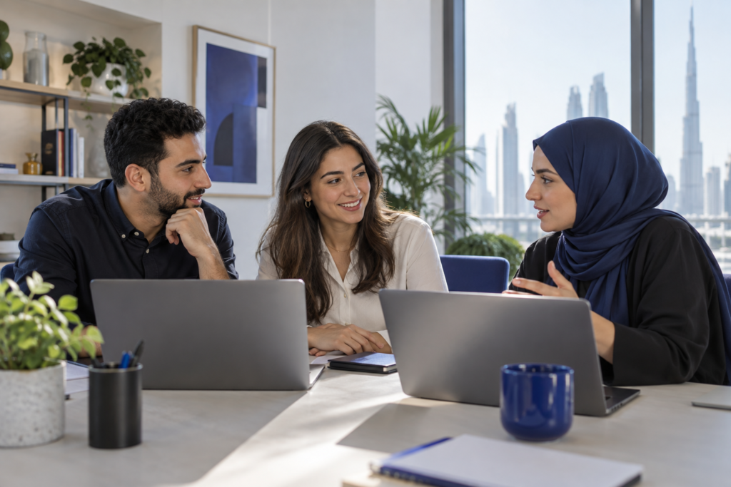 Illustrative image of technology professionals collaborating in a modern office