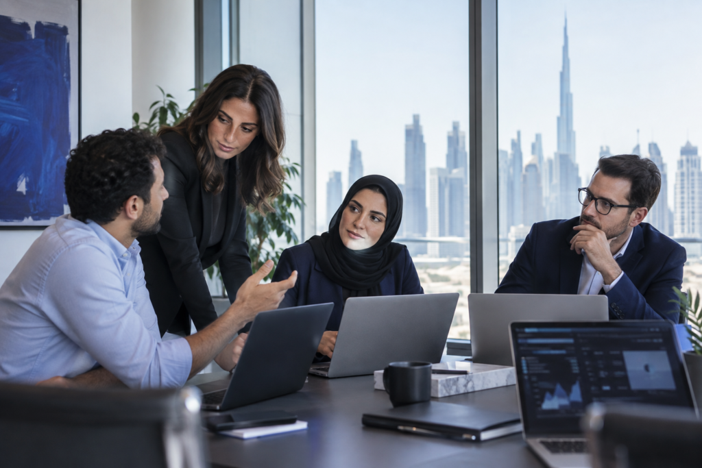 Illustrative image of enterprise technology consultants collaborating in a modern office