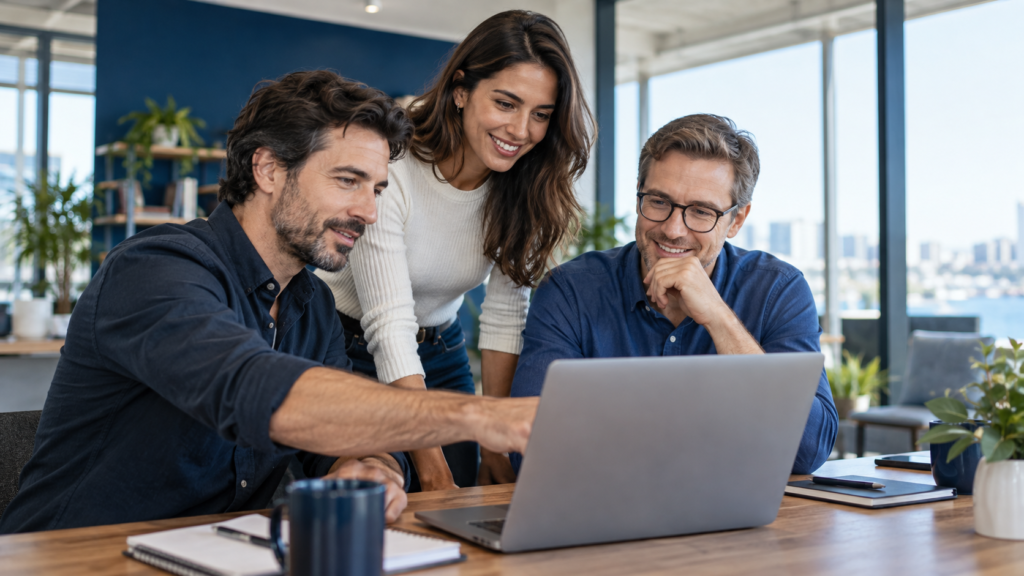 Three technology consultants collaborating around a laptop in a modern office